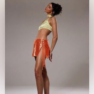 Orange Sequin Wrap Mini Skirt S Tie Side Festival Coachella Ibiza Party Clubwear